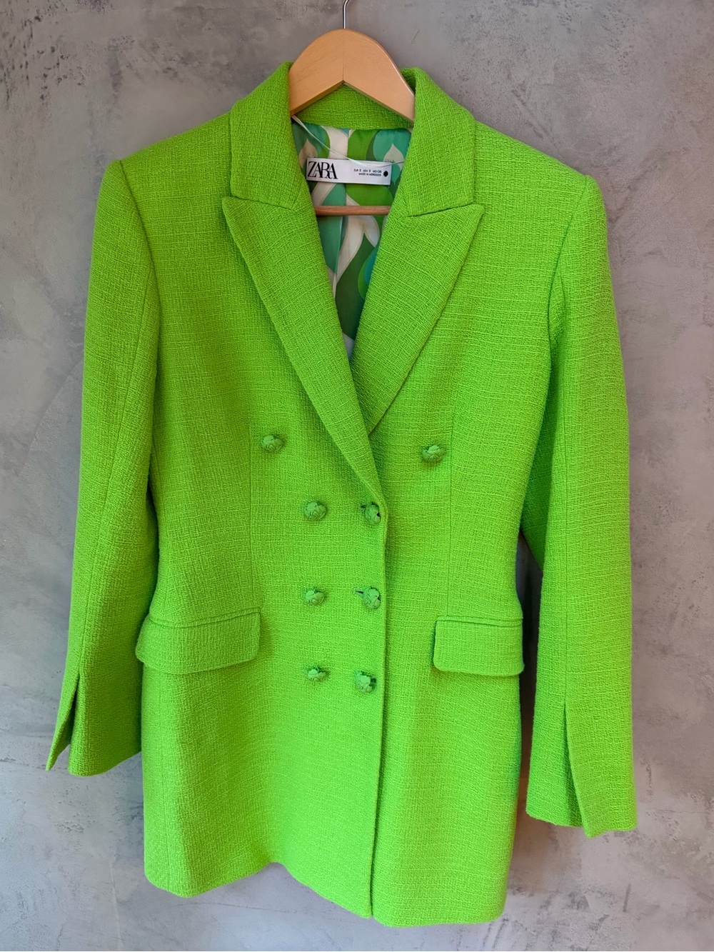 Zara Bright Green Tweed Double-Breasted Blazer Sz S